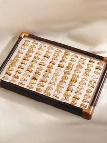 3/6/9/12/24件不锈钢18K镀金简约几何开口戒指，时尚日常佩戴（随机发货） - 金色 - 查看 7