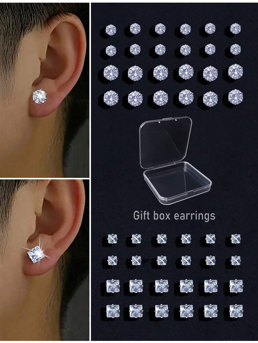 48pcs Geometric Round Square Cubic Zirconia Shiny Stud Earrings, Simple Punk Hip-Hop Style, Gift Box Packing, Suitable For Party, Festival, Date, Gift And Daily Wear