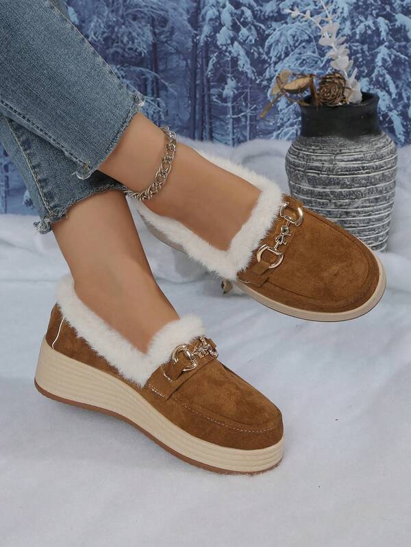 بوت ثلج شتوية للنساء، مع طوق من الفرو الاصطناعي وسُمك في الأرضية - بوت شتوية ذات كعب منحدر وأصابع مستديرة دافئة