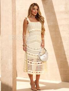 Vestido Midi Tricô Feminino Crochê Ciganinha Forrado Elegante Festa Reveillon Casual Batal Casamento Chá Revelação - Amarelo Manteiga - Visão 7