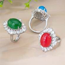 1pc Fashionable Imperial Green Jade Gemstone Ring, Cubic Zirconia Inlaid Adjustable Ring, Vintage Palace Style Women Jade Diamond Ring