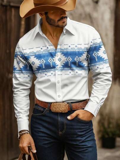 Camisa de manga larga con estampado azul y blanco de estilo retro occidental para hombres, camisa casual con cuello vuelto y patrón geométrico vintage, de corte recto, estilo de moda, estilo campestre americano, versátil como camisa tipo cárdigan
