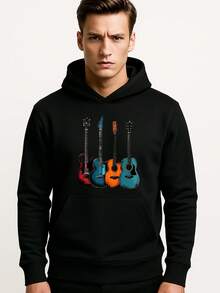 Sudadera con Capucha para Hombre en Blanco y Negro con Estampado de Cuatro Guitarras, Estilo Casual - Negro - Ver 1