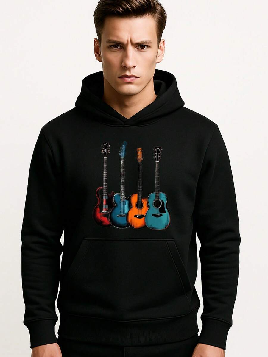 Sudadera con Capucha para Hombre en Blanco y Negro con Estampado de Cuatro Guitarras, Estilo Casual - Negro - Ver 1