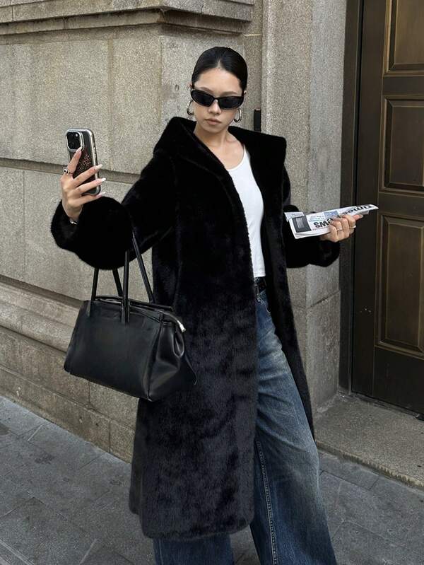 Damen Mode einfacher Kunstpelz Kapuzenmantel, hochwertig verstärkt mit Plüsch, weich und warm, knielang, geeignet für Winter und Weihnachten