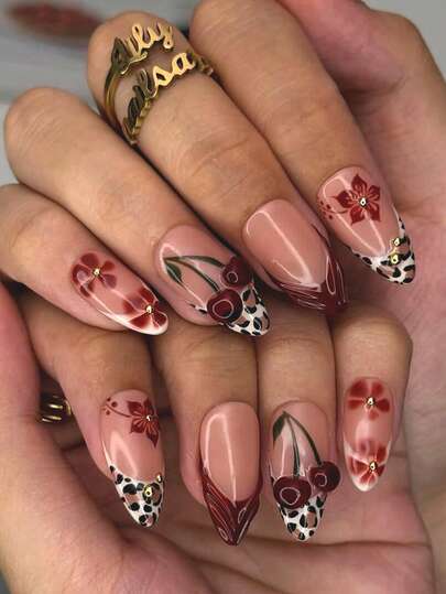 24pcs Medium-Length Almond-Shaped Press On Acrylic Nails Gift Box, Autumn And Winter European And American Hot Girl Style, Sweet And Cool Leopard Print, 3D Three-Dimensional Glue, Cherry French Flower Print, Gold Steel Ball Polka Dot, Full Of Atmosphere, Party, Banquet Must-Have Gift, Fake Nails With Jelly Glue 1 Piece 1 Rolling Strip