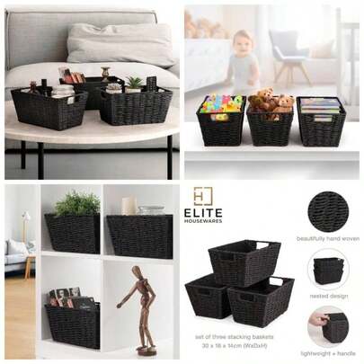 Storage Basket Shelves, Woven Wicker Paper Rope Storage Boxes, Baskets Organizing, Hamper Basket, Decorative Baskets - L30.5x W18.5x 14.5 H