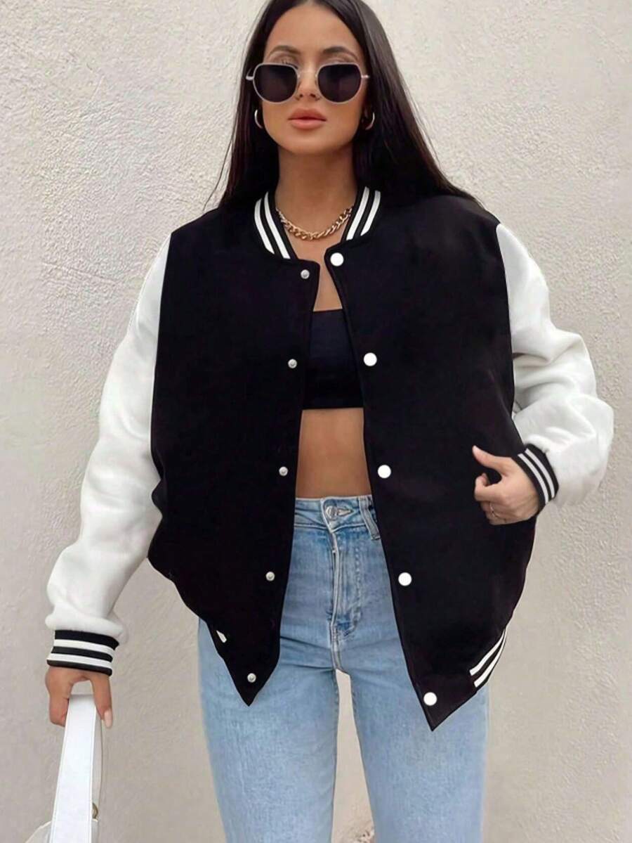 Women's Spring And Autumn Baseball Jacket, Casual Color Matching Design, Suitable For Outdoor Sports, Versatile Coat, Casual Loose Jacket And Baseball Jacket, Spring, Autumn And Winter, Plus Velvet For Warmth - màu đen - Xem 1