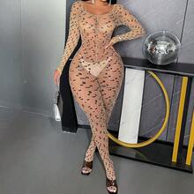 Leopard Print Nude Bodysuit - Sheer Mesh Catsuit With Thigh-High Stockings, Playful Cosplay Lingerie Set - sy06 - 查看 6