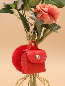 Fashionable And Versatile Bag Charm, Mini Earphone Pouch, Charm Pendant For Women Handbag, Fluffy Pom-Pom Mini Bag Charm Keychain - Red - View 3