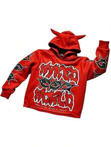 Y2K Gothic Harajuku Street Hip Hop Hoodie For Men Devil Horn Hooded Sweatshirt Punk Goth Aesthetic Grunge Pullover - Red - View 5