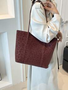 2025秋冬新款麂皮大号托特包，休闲豹纹单肩包，时尚大容量手提包和单肩包，女士旅行和工作托特包 - 酒紅色 - 查看 9