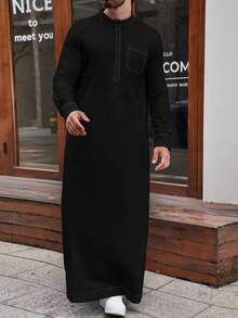 男士纯色休闲撞色长款阿拉伯传统长袍 - 查看 6