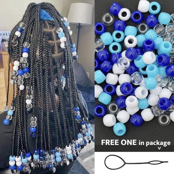 100 pièces Perles pour cheveux Perles de poney pour tresses de cheveux 10x12mm Perles en plastique avec grand trou pour accessoires de cheveux bleus africains de couleur mixte Anneau de cheveux avec aiguille à tirer, outils de coiffure, kit de coiffure
