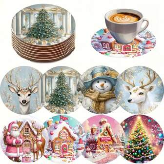 Juego de 8 posavasos con escenas navideñas acogedoras, resistentes al calor y antideslizantes de madera, paquete de decoración navideña, ideal para invierno, Año Nuevo, regalo esencial para fiestas, 1 juego de 8 piezas, 200 juegos 1600 piezas