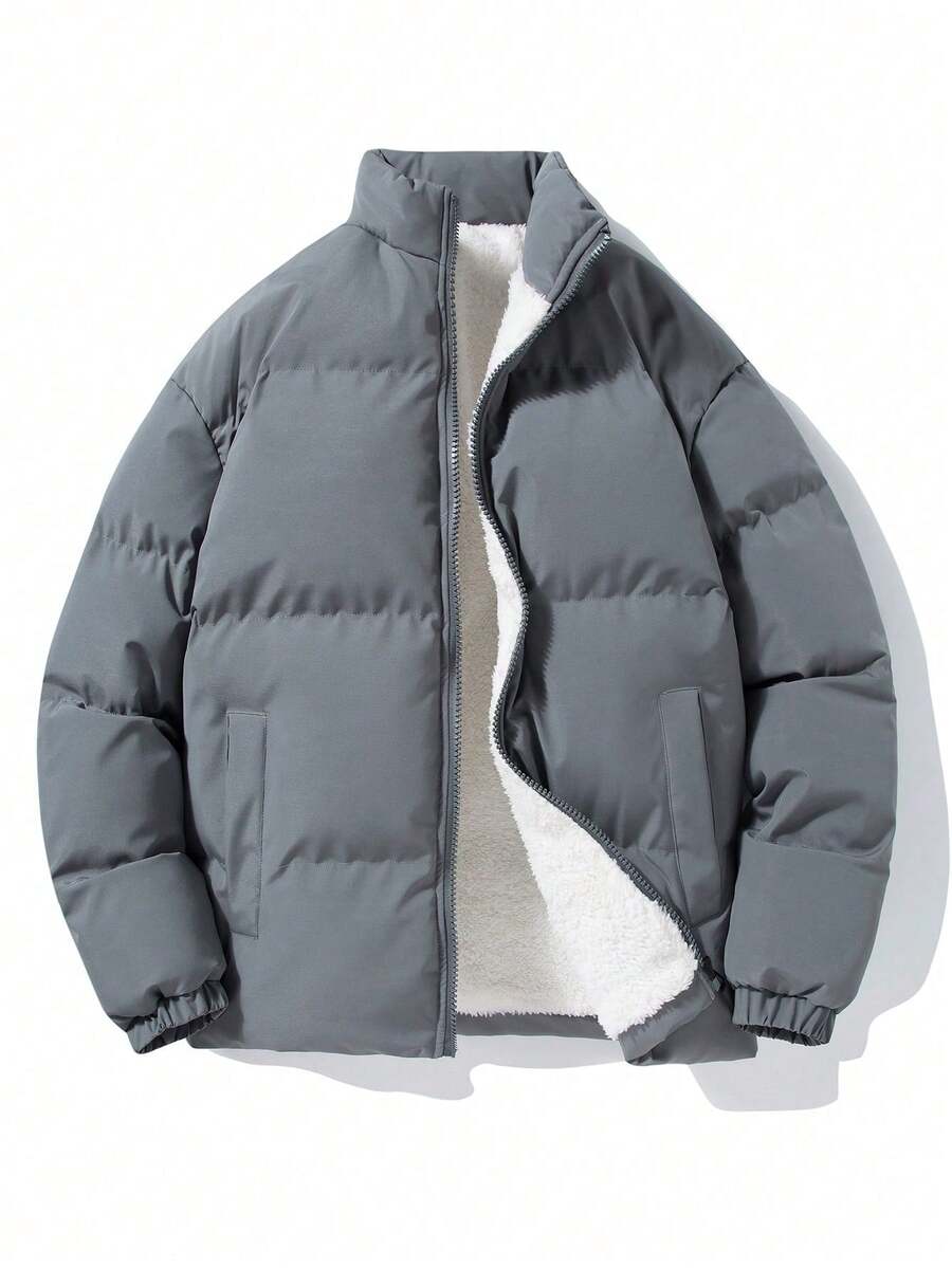 2025 New Men's Solid Color Casual Simple Long Sleeve Padded Coat, Warm Stand Collar Winter Coat - Light Grey - View 1