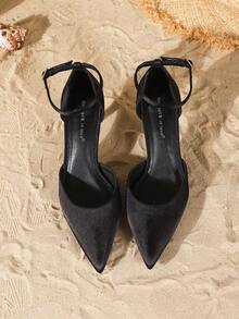 On feet& in love 女士时尚优雅缎面单扣尖头细高跟鞋，适合夏季搭配连衣裙，高跟鞋 - 黑色 - 查看 6