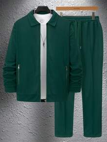 2pcs Casual Men's Outfit Set, Including 1 Zip-Up Jacket With Pockets & Lapel Collar + 1 Pair Of Casual Pants, Spring/Autumn