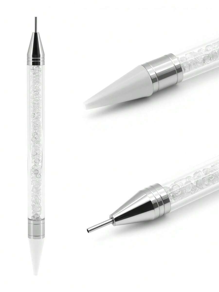 1pc White Dual-Ended Nail Art Tool With Removable Silicone Head, For Dots And Rhinestones - White - View 1