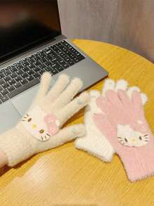 Sanrio 1 Par de Luvas Cartoon Hello Kitty, Forro Térmico Grosso, Fofo, à Prova de Vento, Adequado para Ciclismo no Outono e Inverno