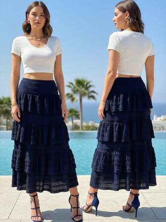 Falda acampanada con volantes de talla grande para mujer en azul profundo, cintura alta con dobladillo en capas y pretina forrada para otoño e invierno, falda midi elegante para el Día de San Valentín y Pascua, de la oficina al té de la tarde