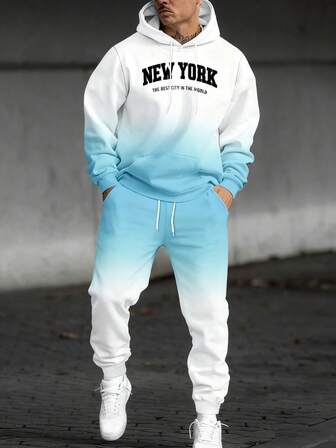 1 套男士渐变色连帽运动服，2 件套运动卫衣，带字母印花连帽衫和休闲运动裤，适合日常训练、街头服饰、户外运动，是送给男士的绝佳礼物