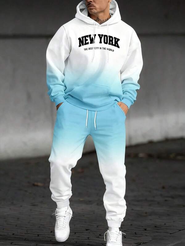 1 set Survêtement à capuche dégradé pour hommes, 2 pièces sweat-shirt de sport avec imprimé lettres et pantalon de survêtement décontracté, convient pour l'entraînement quotidien, le streetwear, les sports de plein air, un excellent cadeau pour les hommes