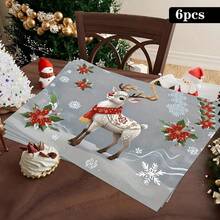 4 buc. Covorașe de masă dreptunghiulare din in, cu imprimeu de reni de Crăciun - Covorașe de masă țesute din in, pentru sufragerie, bucătărie, masă de cafea, decor pentru masă