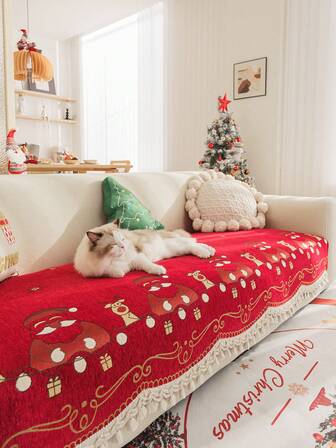 1件红色雪尼尔提花沙发保护套，带不对称流苏 - 圣诞装饰，防滑，可机洗，宠物友好型靠垫套，适用于1-4座沙发。