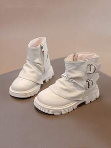 儿童新款靴子，秋冬侧拉链厚底靴，真皮鞋面女童踝靴，中筒厚底休闲鞋，防滑女童公主款中筒靴，校园学生机车靴 - 米色 - 查看 2
