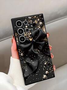 1pc Fashionable Pearl Bow Phone Case Protective Cover, Black TPU Soft Shell, Scratch & Drop Resistant, Compatible With Huawei Honor, Redmi, Galaxy A/S Series, Pixel 6A/7A/8A, 12T/13T/14T