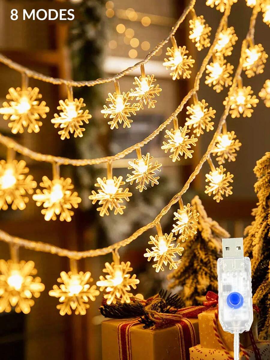 1pc 8 Light Modes USB Powered Christmas Snowflake String Lights, Holiday Party Decoration, Indoor Room Wall/Window Decor Snowflake Lights, Home Decor, Christmas Decoration Lights, Christmas Tree Decoration Lights - White - View 1