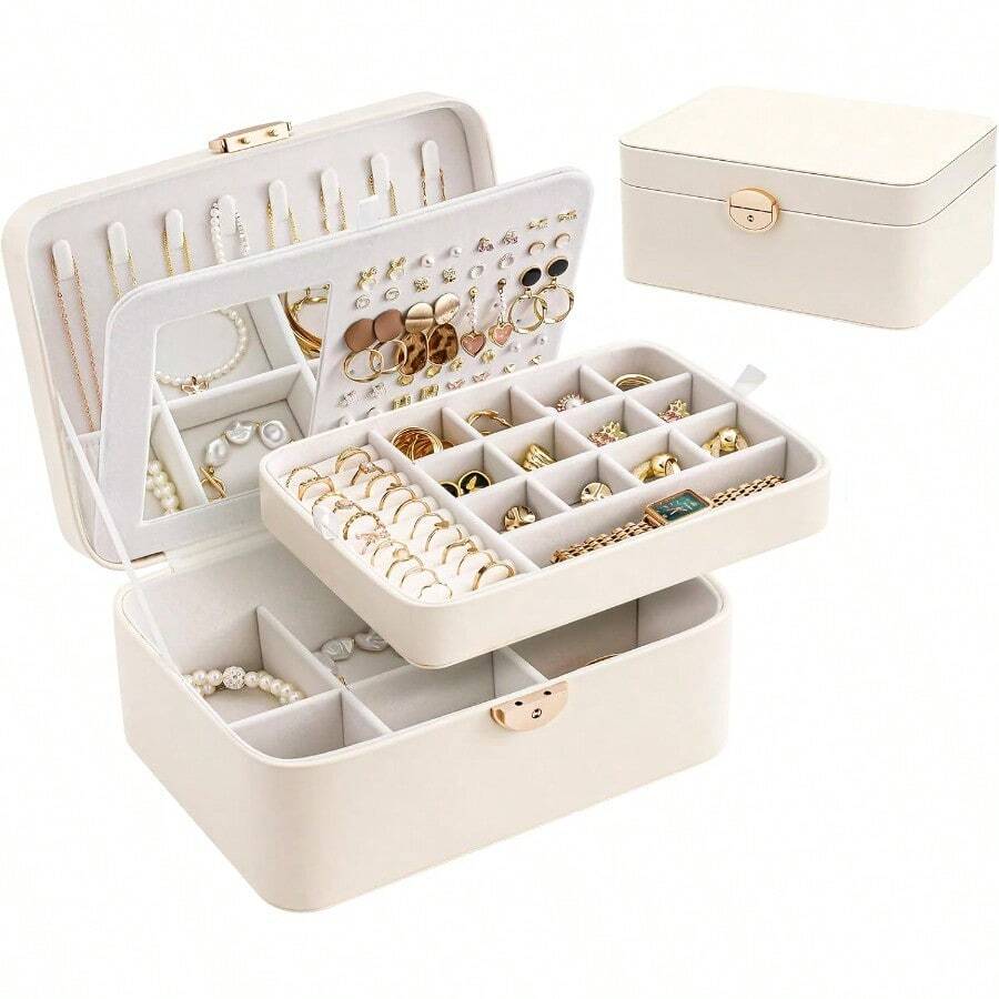 Lolalet 2 Layer Jewelry Box For Teen Girls And Young Women Jewelry Organizer Case With Round Clasp And Mirror For Earrings Rings Necklaces Storage Gift Idea Cloud White