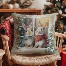 1 pieza Funda de cojín de ventana de conejo de invierno navideño, material de terciopelo de melocotón con impresión unilateral, 45*45CM/18*18 pulgadas, adecuado para decoración de habitación, decoración minimalista moderna de sala de estar, regalo