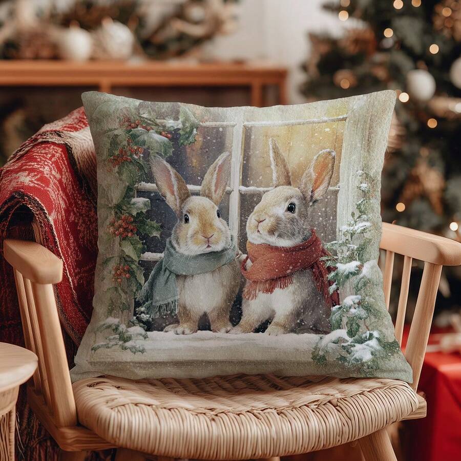 1 pieza Funda de cojín de ventana de conejo de invierno navideño, material de terciopelo de melocotón con impresión unilateral, 45*45CM/18*18 pulgadas, adecuado para decoración de habitación, decoración minimalista moderna de sala de estar, regalo