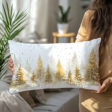 1pc Christmas Minimalist Golden Christmas Tree Pillow Cover, Single-Sided Soft Peach Velvet Fabric, 30*50cm/40*60cm Cushion Cover Suitable For Indoor Decor, Party Decoration, Decorative Pillow Gift
