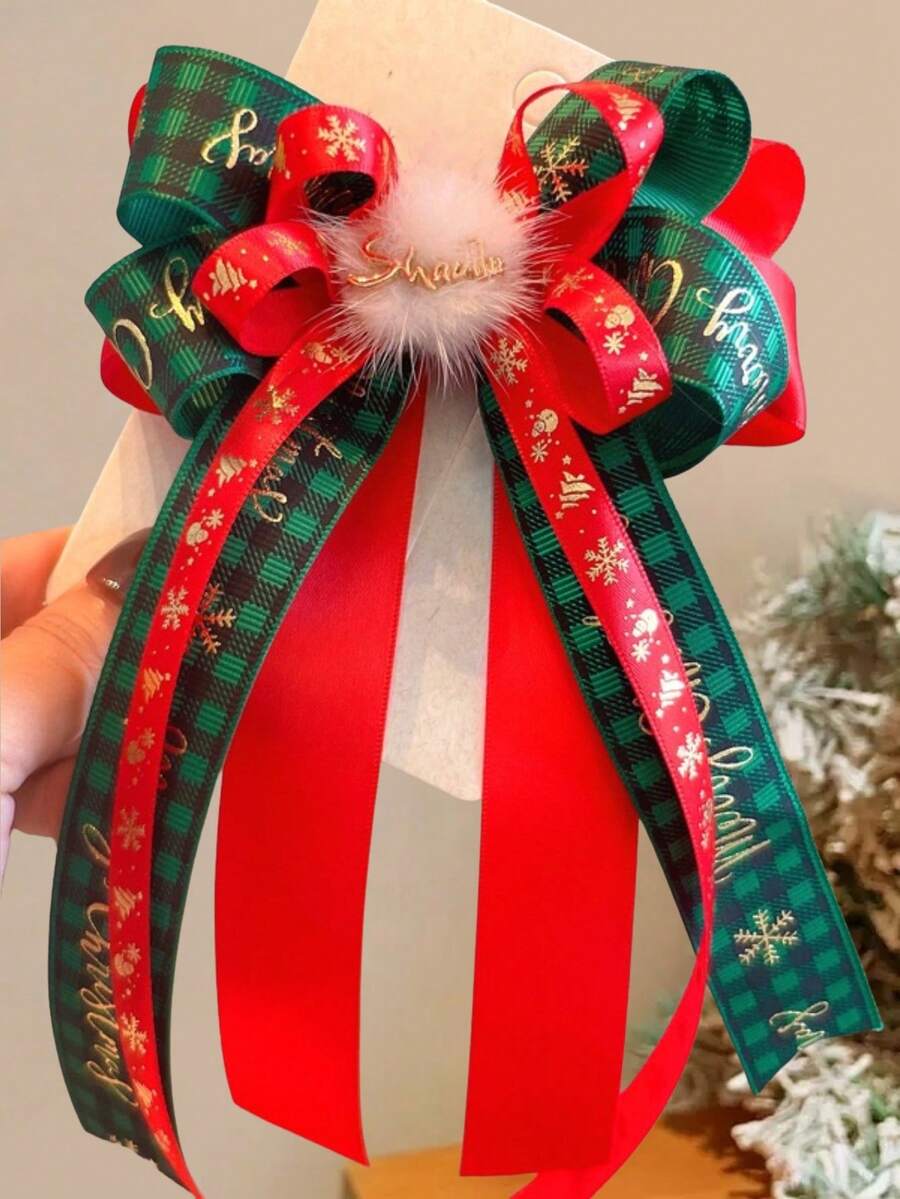 1pc Girls' Joyful Holiday Party Christmas Printed Ribbon Multi-Layer Bow Streamer Hair Clip - Multicolor - View 1