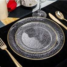 50/25/20/10 Stück goldfarbene geprägte transparente Rand Teller, Salateller, 26cm und 19cm Durchmesser, geeignet für Halloween, Weihnachtsgeschenke, Familienfeiern, Feste, Outdoor-Aktivitäten, Hochzeiten, Restaurants, Küchen