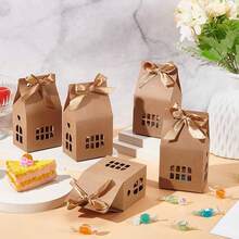 12pcs House Shaped Gift Boxes, Brown & White Cardboard Candy Boxes, Wedding Favors With Ribbon, Window Design, For Gifts, Anniversary, Birthday Party, Valentine's Day - Multicolor - View 2