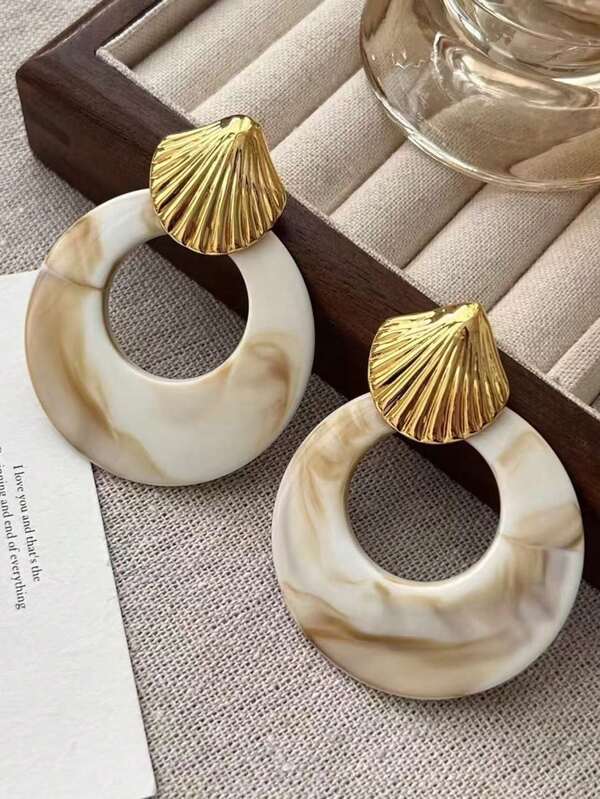 1 Pair Amber Resin Hoop Earrings, Vintage French Design, Elegant Retro Chic Earrings For Women