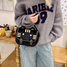 1Pc Charming Vintage Cat  Crossbody Bag - Best Gift For Friend,Embroidered  Messenger Purse With Themed Lining - 黑色 - 查看 3