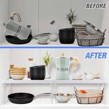 4 - Pack Stackable Plastic Kitchen Storage Shelf Foldable Rack - White Kitchen Cabinet Organizer And Storage Shelves Stackable Expandable Storage Racks Counter Cabinet Pantry - Initial - View 4