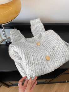 Women's Solid Color Ribbed Cardigan With Round Button, Fashionable And Elegant Autumn/Winter Apparel