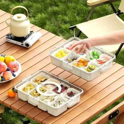 1 pieza Bandeja de servir dividida con tapa, Caja contenedor para caramelos, verduras, frutas, frutos secos, Bandeja de servir de snacks dividida y transparente para picnic, fiesta, organizador de refrigerador, Recipientes de almacenamiento de alimentos con tapas herméticas, Recipientes de almacenamiento de alimentos frescos para el refrigerador, Recipientes de almacenamiento de alimentos para caramelos, frutos secos, especias, Caja de aperitivos, Bandeja de servir dividida con tapa y asa