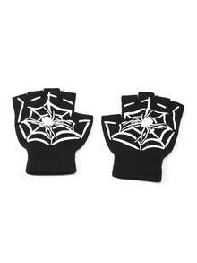 1pair Unisex Fingerless Gloves With Palm & Skeleton Print Design, Suitable For Halloween Costume And Daily Wear, Keep Warm In Winter Snow Gloves