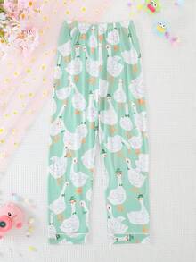 2 st/set för flickor och tonåringar, casual, tecknat svanmönster, långärmad kofta och byxor, nattlinne, flamskyddsmedel, året runt - Limegrön - Visa 8