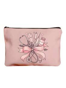 Conjunto de bolso de mano tipo tote y bolsa de cosméticos con tema de enfermera en color rosa, estilo casual, estructura de tela, con estampado de estetoscopio, corazón, jeringa, termómetro y pastillas, adecuado para la temporada de regreso a la escuela, bolso de hombro para viajes de vacaciones, unisex, regalo perfecto, artículos de uso diario, regalos de Navidad, regalos de Halloween