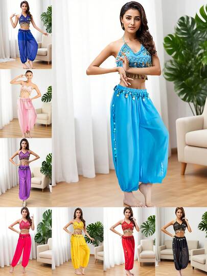 Women's Belly Dance Sequined Open Back Cropped Top And Harem Pants Set - Available In Multiple Colors
