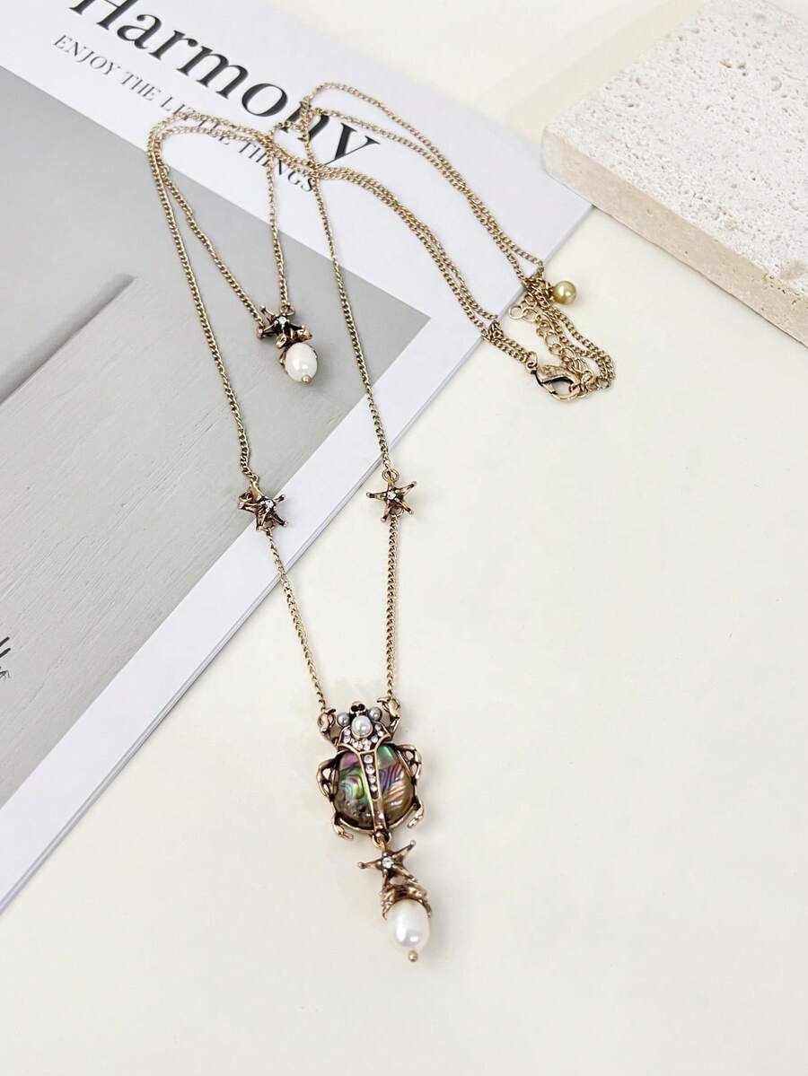 1 件时尚复古欧美昆虫与珍珠装饰项链，适合女性日常和沙滩穿着 - 彩色 - 查看 1