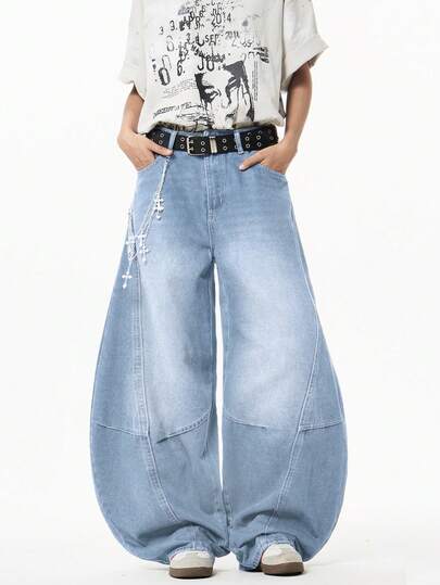 Justice Brother 1pc Japanese Streetwear Brand Patchwork Curved Leg Jeans, Washed All-Season Denim Loose Fit Fashion Versatile Long Pants (Belt/Accessories Not Included)